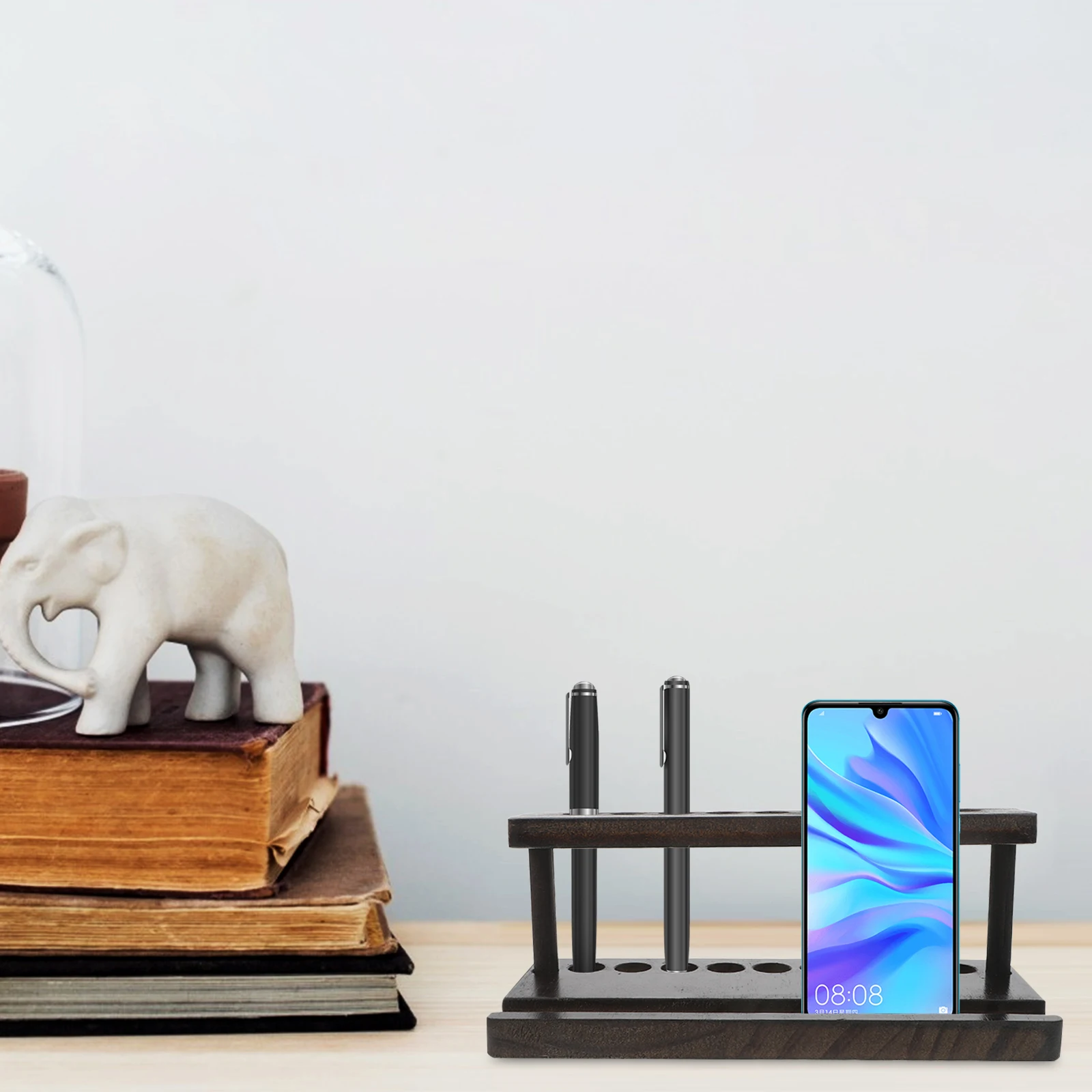 

Wooden Pen Holder with Phone Stand for Desk Unique Organizer Marker Multifunction Office