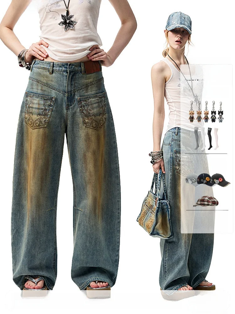 

Женские джинсы с низкой посадкой, рваные, синие, с вышивкой, асимметричные, свободного кроя, из хлопка, весна-лето