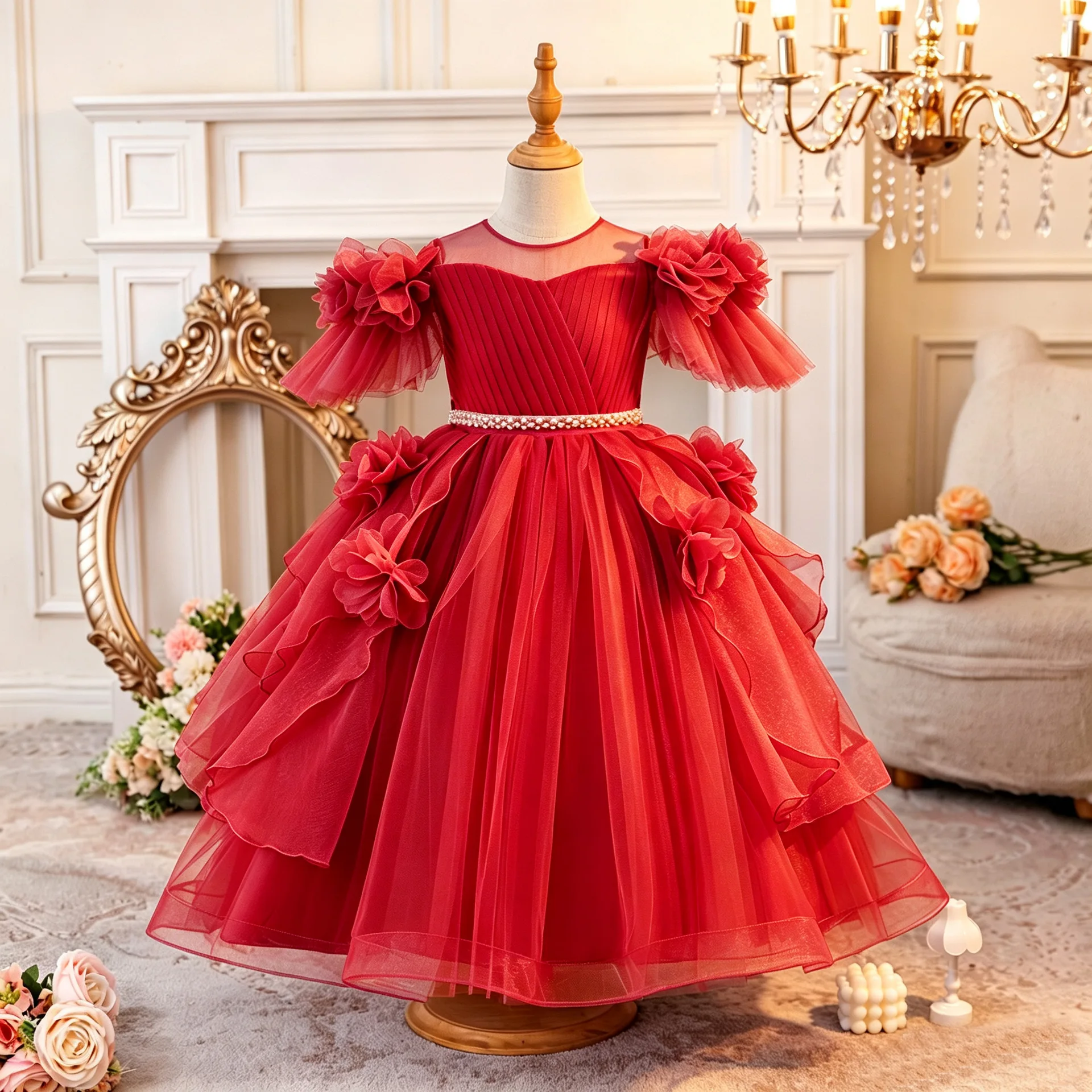 HETISO Girl Festive Dress Flower Beading Kids Party Bridesmaid Ball Gown Beading Costume For Children 3-12 Years