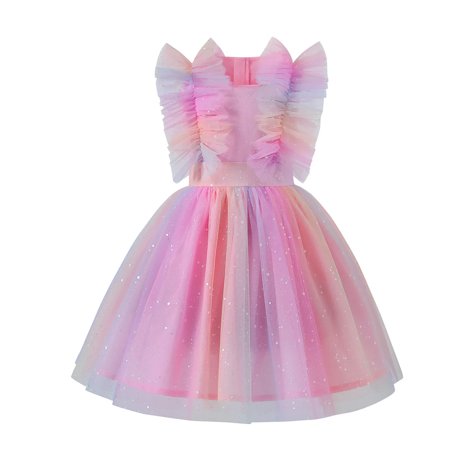 Infant Baby Girl Summer Birthday Dress Ruffle Sleeve Cake Photo Shoot Outfit Sleeveless Square Neck Rainbow Tulle Dress 3-8Years