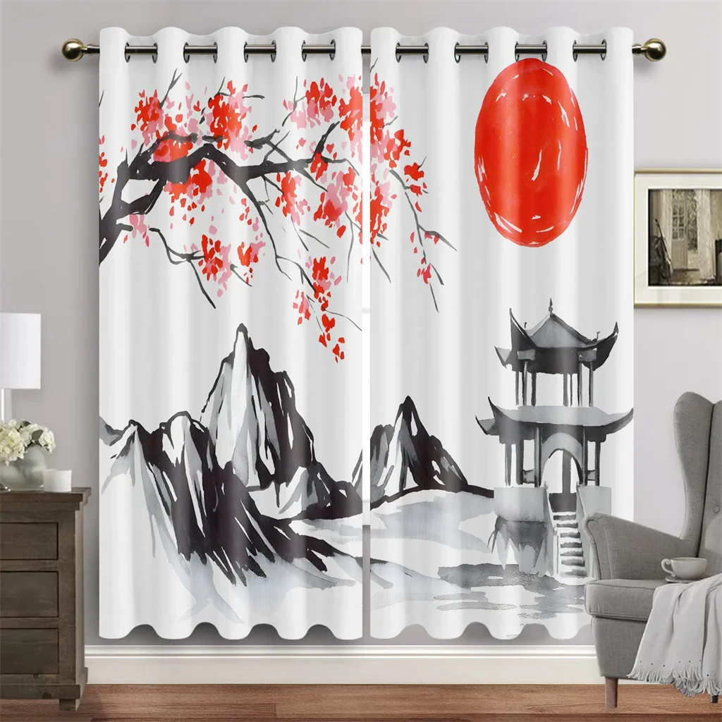 Chinese Traditional Ink Paint Landscape Window Curtain Blinds For Living Room Kids Bedroom Bathroom Kicthen Door Home Decor2Pcs