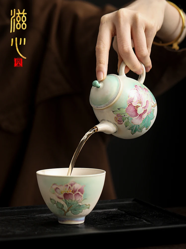High-End Underglaze Hand-Painted Hibiscus Flower Teapot Ceramic Household Handmade Single Tea Drinking Kung Fu Set Gift