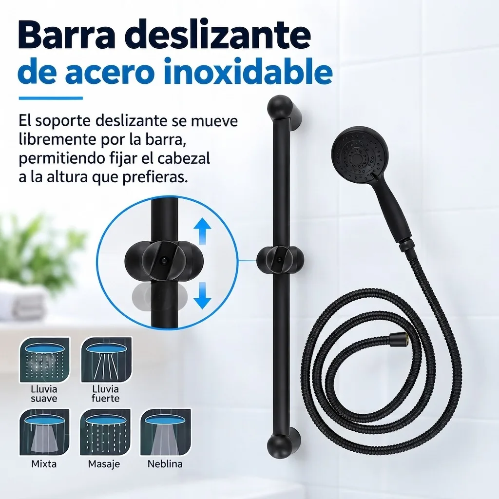 Conjunto de Ducha Negro Mate con Barra Deslizante de Acero Inoxidable de 59cm y Cabezal de Mano con 5 Modos de Chorro, Manguera Flexible de 2 Metros para Baño y Limpieza de Mascotas