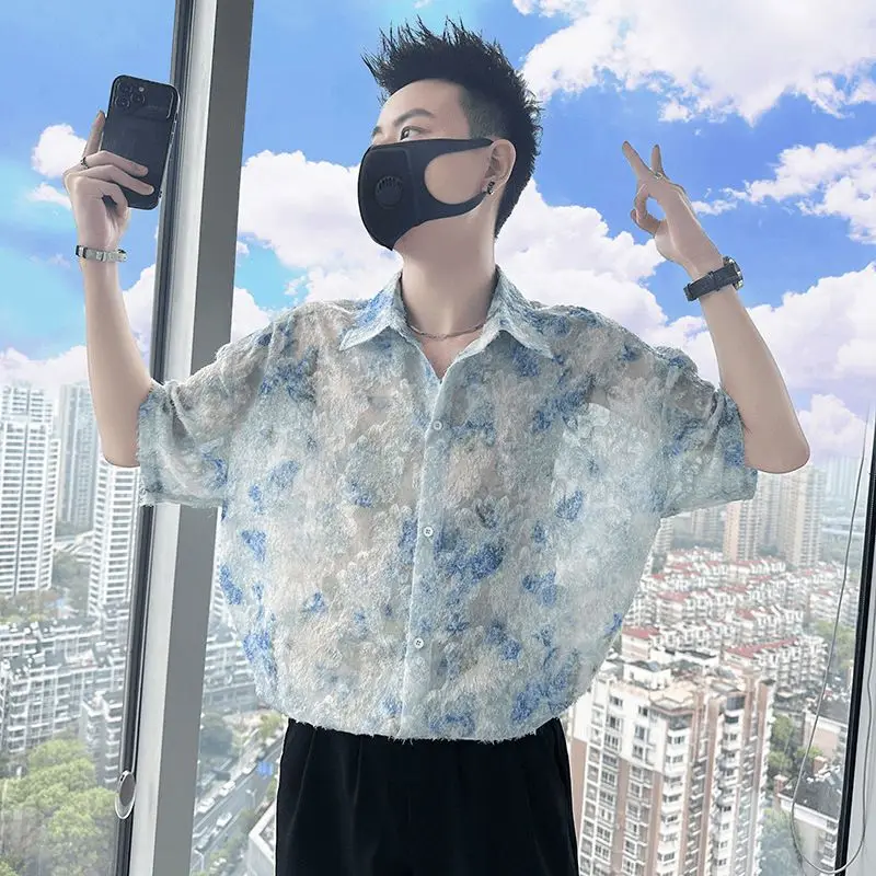 Men's Butterfly Print Shirt Summer Loose Fit Half Sleeve Lapel Top Ice Silk Solid Color Designer Streetwear Casual Button Down