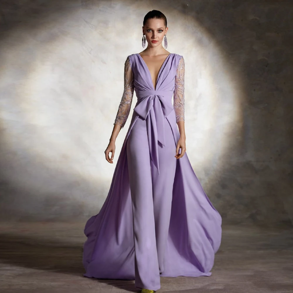 Elegant Lilac Mother of the Bride Dresses O Neck Long Sleeves Pants Suit Wedding Party Gowns Beaded Floor-Length فساتين السهرة