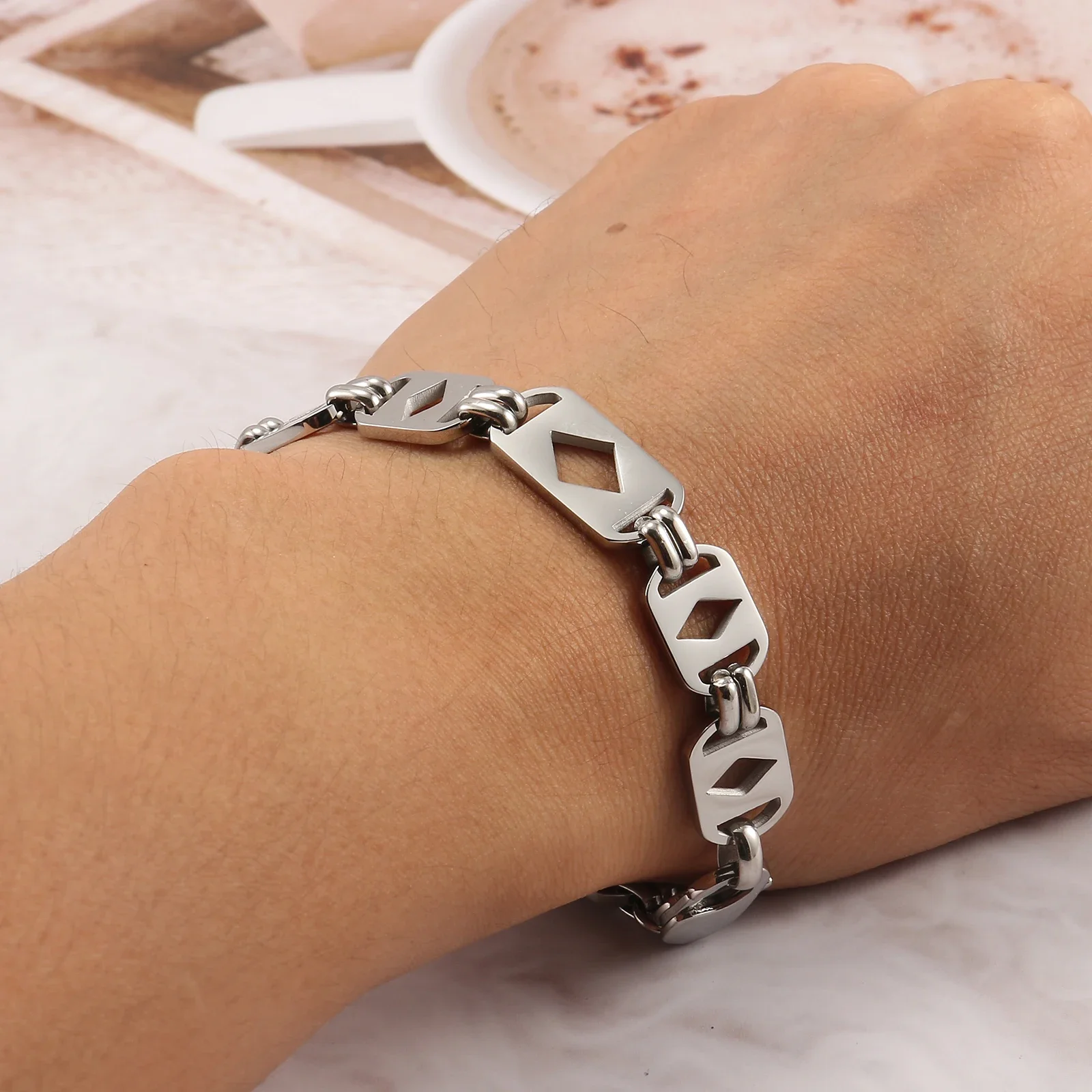 Geometrical Hollow Out Rhombus Link Chain Neckalce Bracelet for Men Women 316L Gold Silver Color Stainless Steel Fashion Jewelry - Image 5