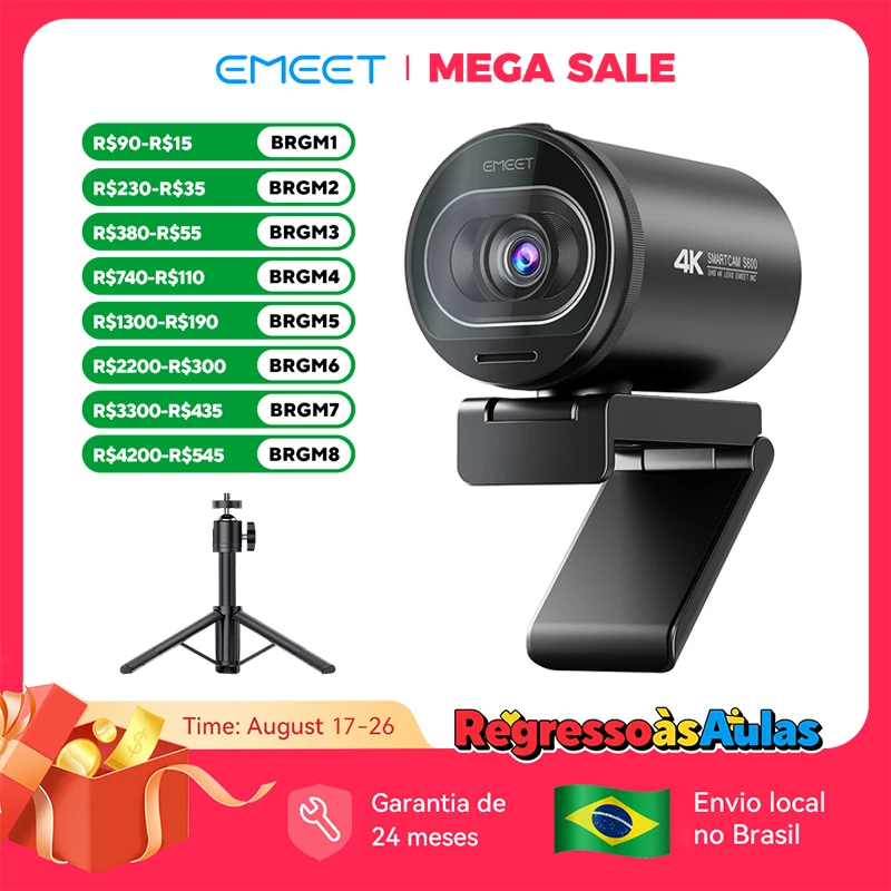 Webcam 4K para Streaming, Câmera Web 1080P 60FPS EMEET S600 com Autofoco, Câmera para Transmissão ao Vivo com Microfones e Tampa de Privacidade para Tiktok/YouTube