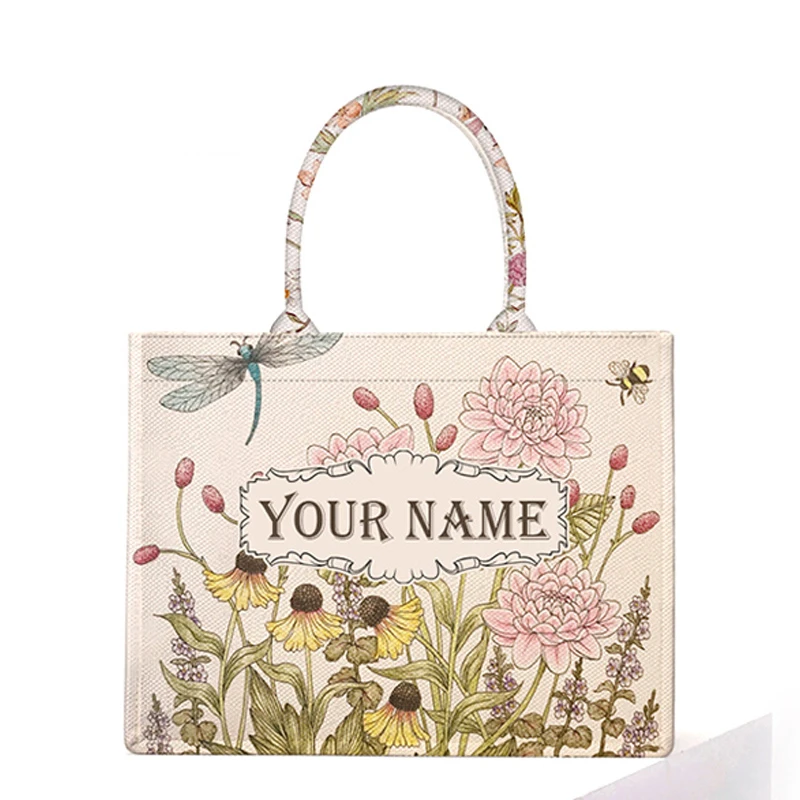 

Simple Design Personalized Fashion Printing Large Capacity Canvas Bag Name Custom Letters Tote Women Commuter Travel Bag