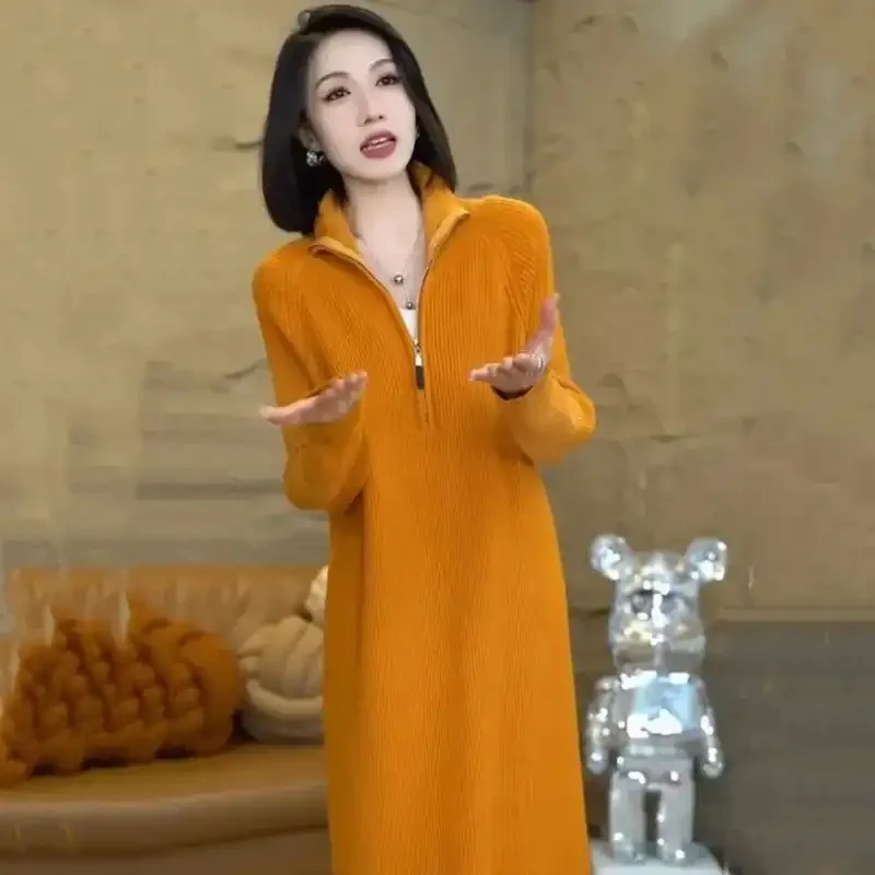 Moda feminina gola zip malha vestido casual outono inverno versátil camada base coreano solto vestido longo