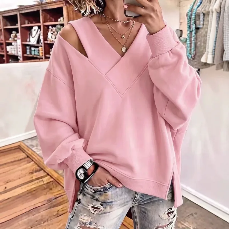 Women Autumn Loose Cold Shoulder Sweatshirt Solid Color V Neck Long Sleeve Casual Pullover