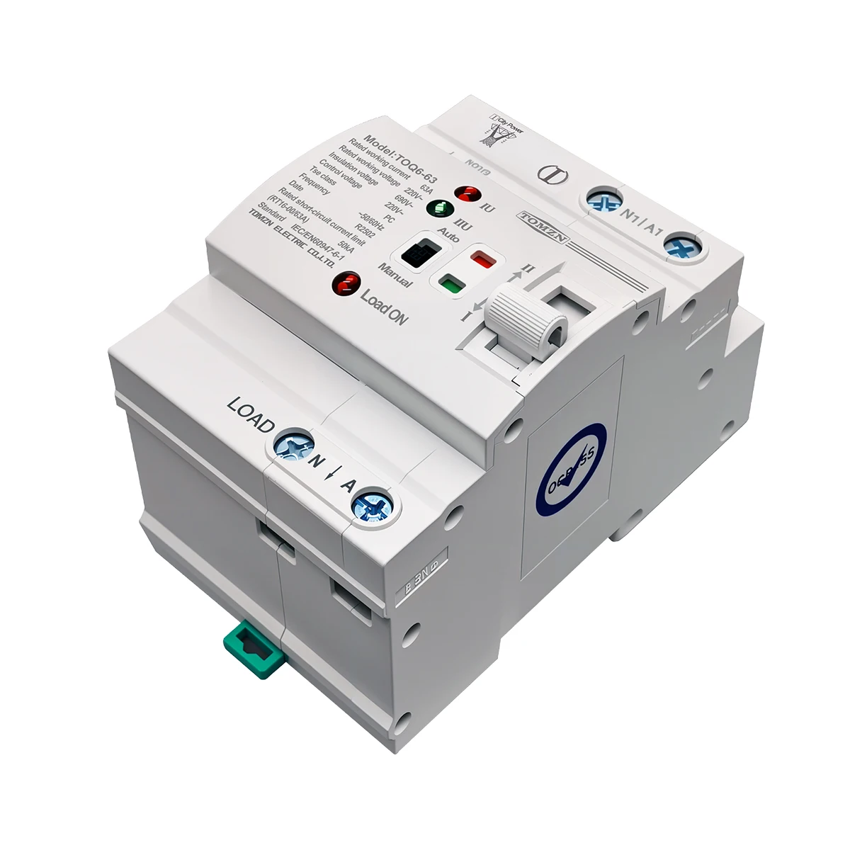 TOMZN Din Rail ATS L N 220V Small Dual Power Automatic Transfer Electrical Selector Switches Uninterrupted 2P 63A TOQ6