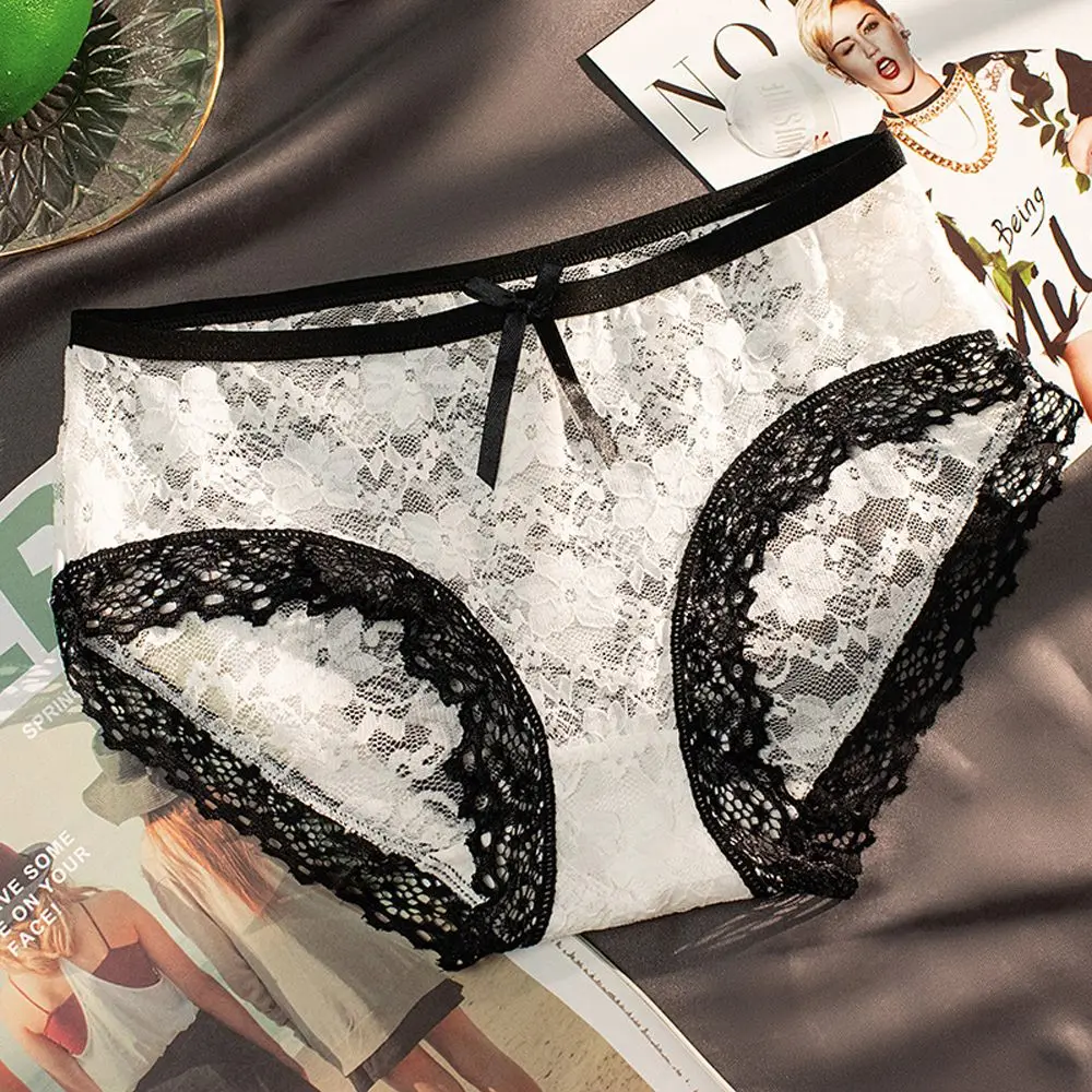Sexy Transparent Mid-waist Bowknot Mesh For Girls Briefs Lace Korean Underwear Women Panties