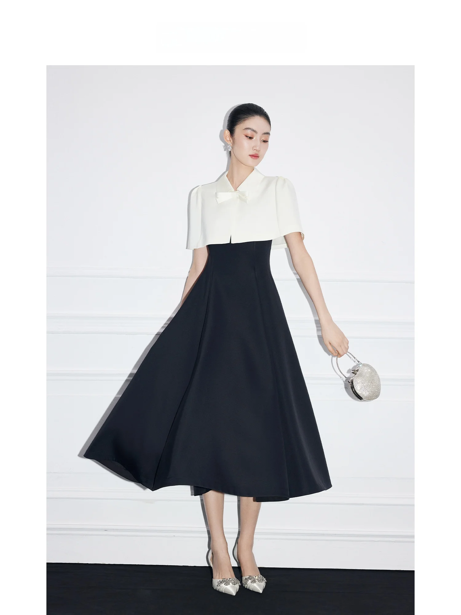 

Elegant White Knot Acetate Coat Dress Set Women's Fashionable Contrast Color Skirt Gown Mandy Zhang Design
