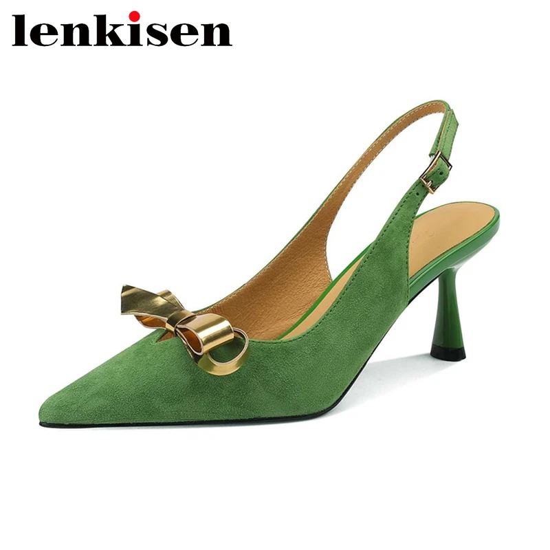 

Lenkisen Kid Suede Pointed Toe Thin High Heel Slingback Metal Butterfly-knot Beauty Lady Daily Wear Shallow Cozy Women Pumps L36