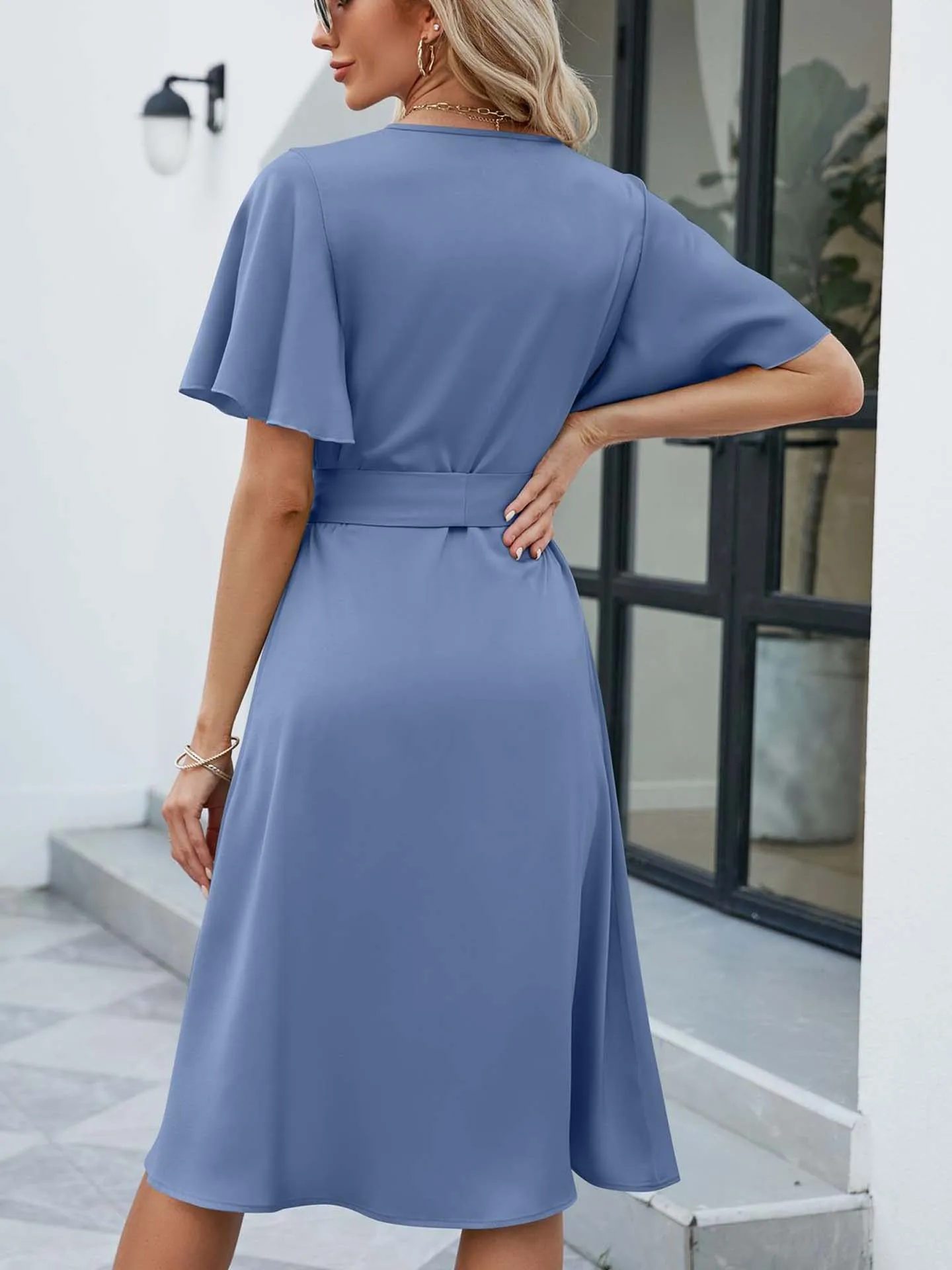 Vlek Elegante Midi Jurk Zomer A-Lijn Gespleten V-Hals Zonnejurk Korte Mouw Effen Slanke Strandvakantie Feestjurk Femme