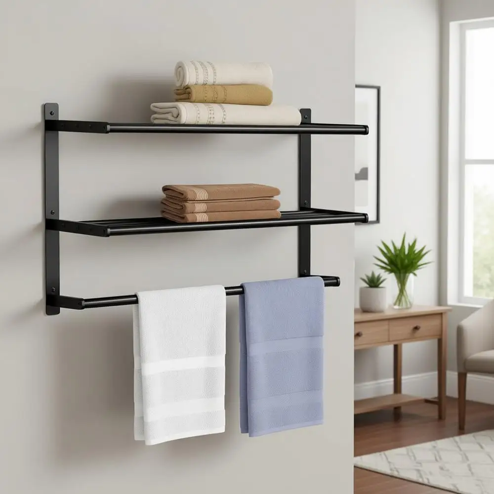 

24 Inch Matte Black Wall-Mounted 3-Tier Towel Shelf for Bathroom