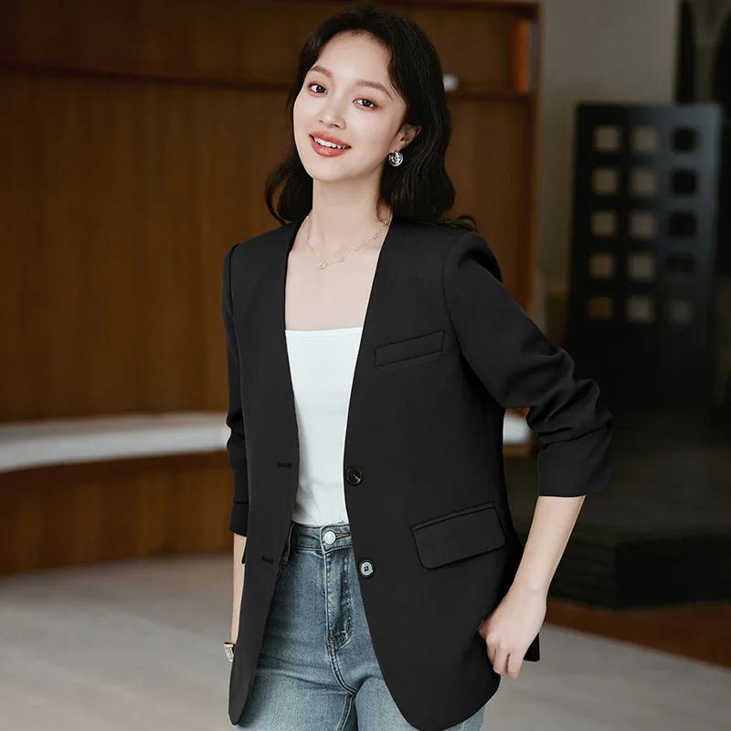 Blazer long de haute qualité pour femmes, simple boutonnage, col en V, nouvelle veste de bureau élégante à la mode, beige, noir, marron, automne 2025