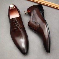 Leather shoes for men, lace up shoes for men, pointy, leather, high-end wedding, dress, Oxford, Lefu shoes, large, British style