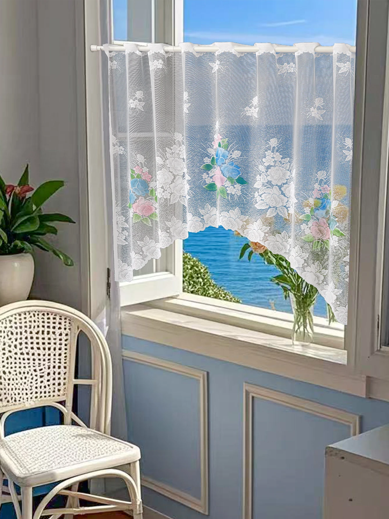 American Lace Kitchen Partition Curtain Floral Print Coffee Short Curtain Bay Window Half Curtain Peony Design