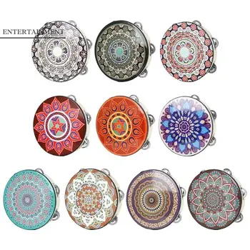 Wooden Floret Hand Drum Chinese Style Floral Pattern Tambourine Handbell 8 Inch Single Row Music Percussion Instrument