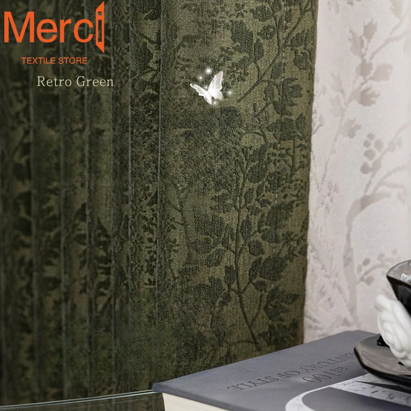 French Vintage Embossed Jacquard Chenille Curtain Fabric Blackout Curtains for Living Dining Room Bedroom Custom Size Luxury
