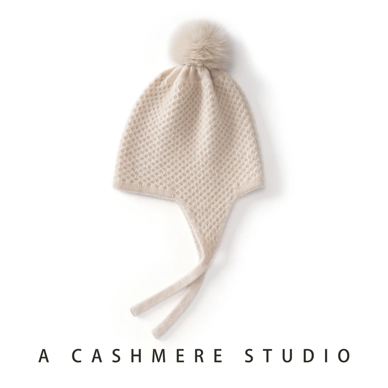 100% Cashmere Hat For Women Winter Knit Headgears Solid Color Bonnet Cap Outdoor Warm Soft Hats Ear Protect Cap Skullies