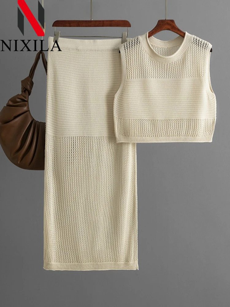

New Spring Summer Hollow Out Beach Skirts Outfits for Women Knit Tank Tops Skirts with Slit Sexy Long Skirts Sets Women 2 Piece