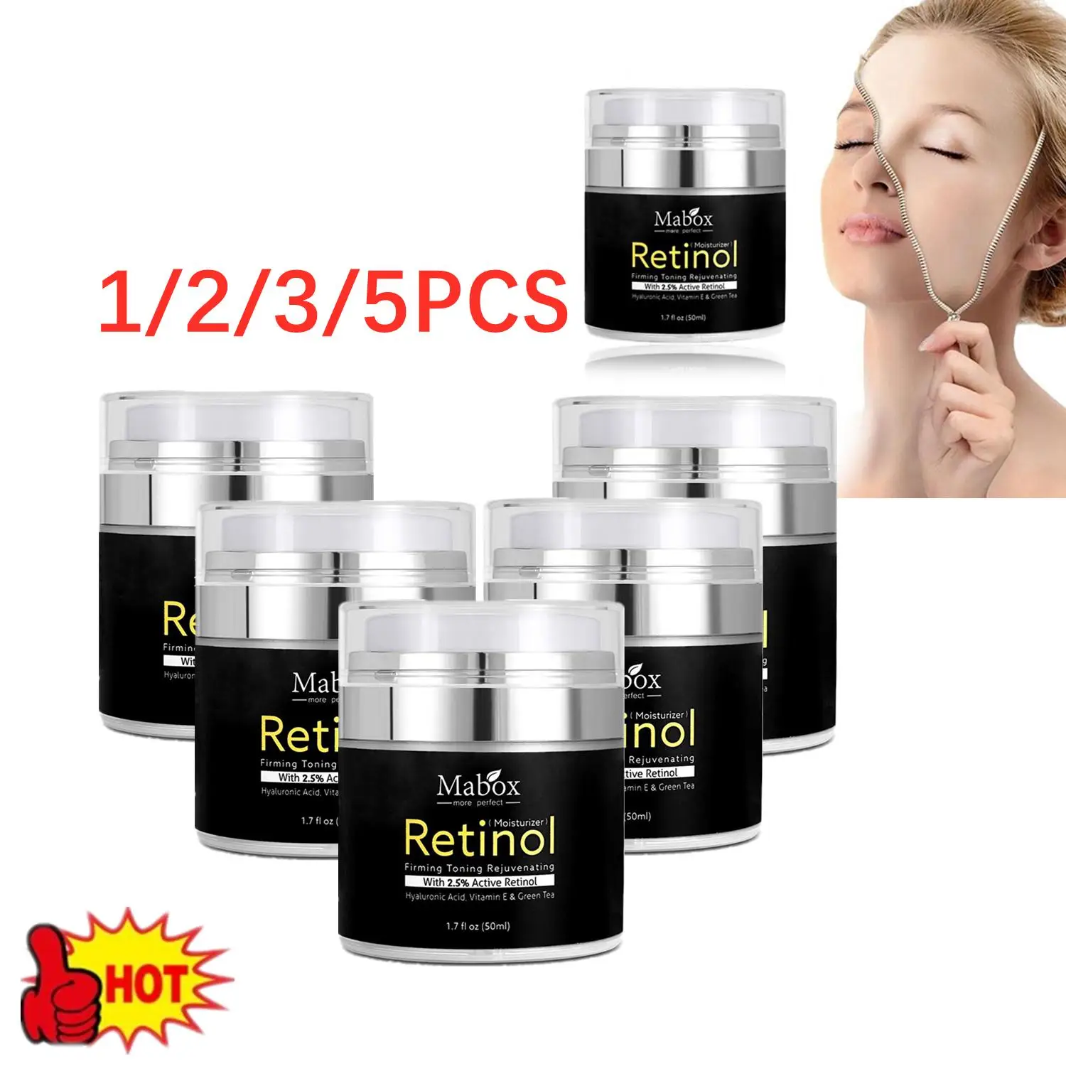 

1~5X Mabox 50ml Retinol 2.5%Moisturizer Face Cream Hyaluronic Acid AntiAging Remove Wrinkle Vitamin E Collagen Whitening Cream