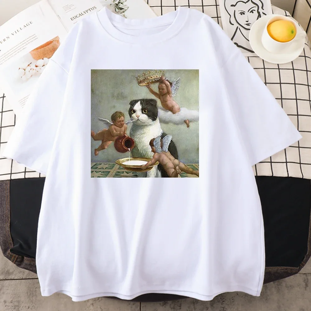 천사와 고양이의 왕관 프린트가 있는 여성 의류, 스코틀랜드 접이식 캐주얼 라운드넥 티셔츠, 개성 있는 디자인