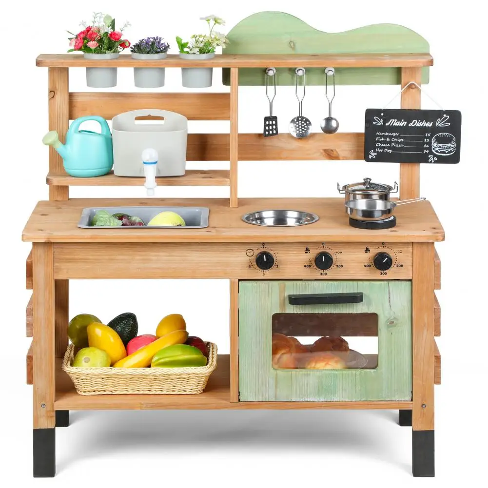 Cucina di fango, set da cucina per giochi di finzione in legno per esterni con stufe, lavello rimovibile, rubinetto, lavagna, accessori da cucina