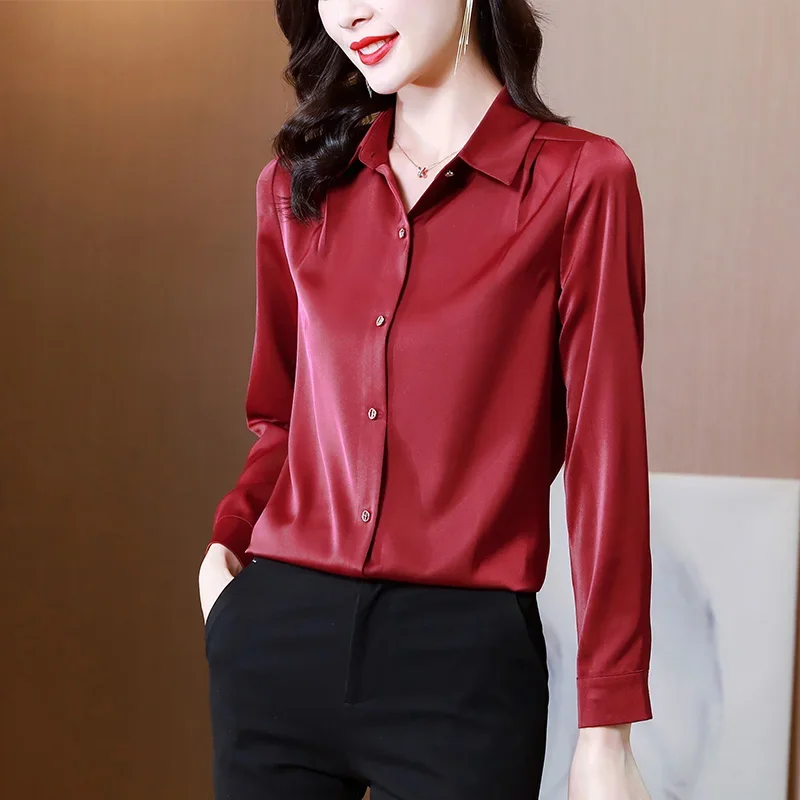 Silk Women's Shirt Vintage Solid Tops for Women Metal Button Up Polo Neck Women Clothing Long Sleeve Top Female Basic OL Shirts