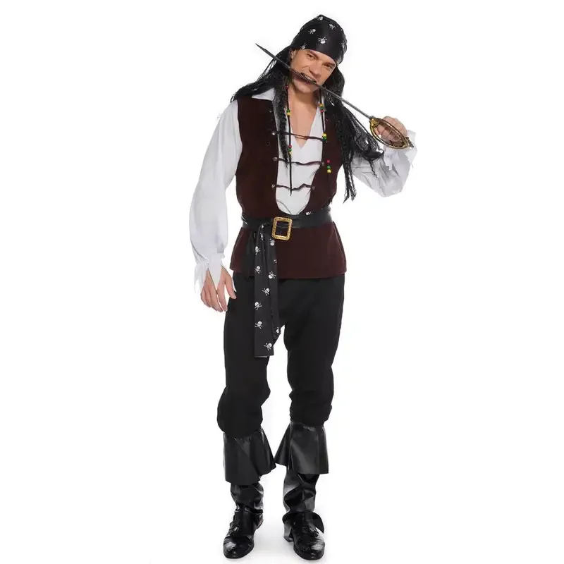 Costume da pirata con teschio da uomo deluxe, abbigliamento cosplay da capitano adulto selvaggio di Halloween