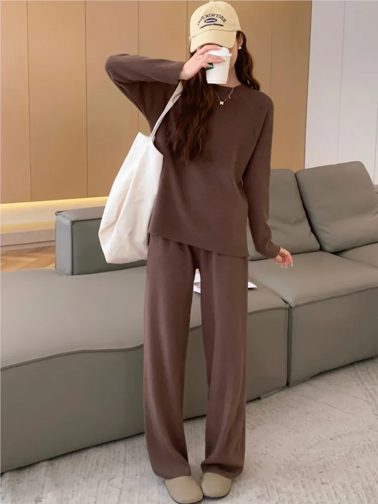 Autumn Casual Sport 2 Piece Set Women Pullover Sweater Knitted Tracksuit High Waist  Straight Pants Suit Female Elegant Clothes