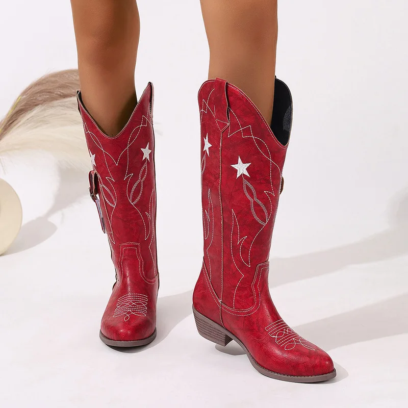 Women's leather boots, pocket knight boots, round toe embroidered western boots, high top boots, motorcycle boots