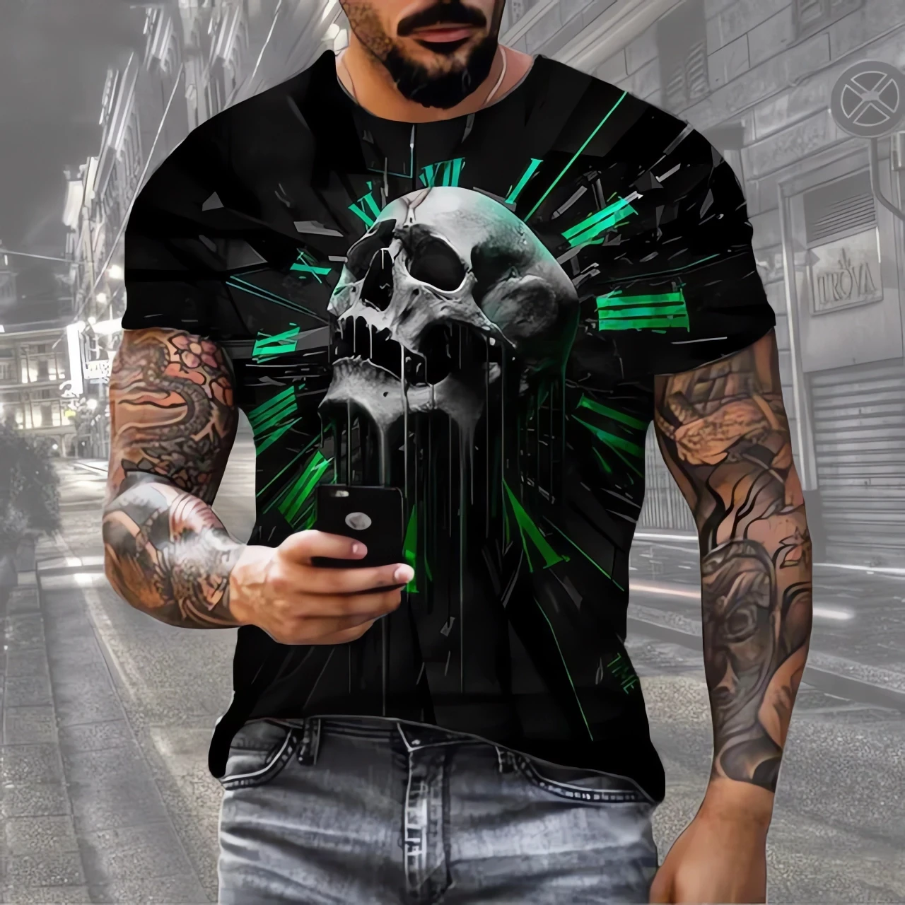 Fashionable hot selling men\'s skeleton T-shirt 3D printed horror street hip-hop T-shirt round neck loose casual summer top