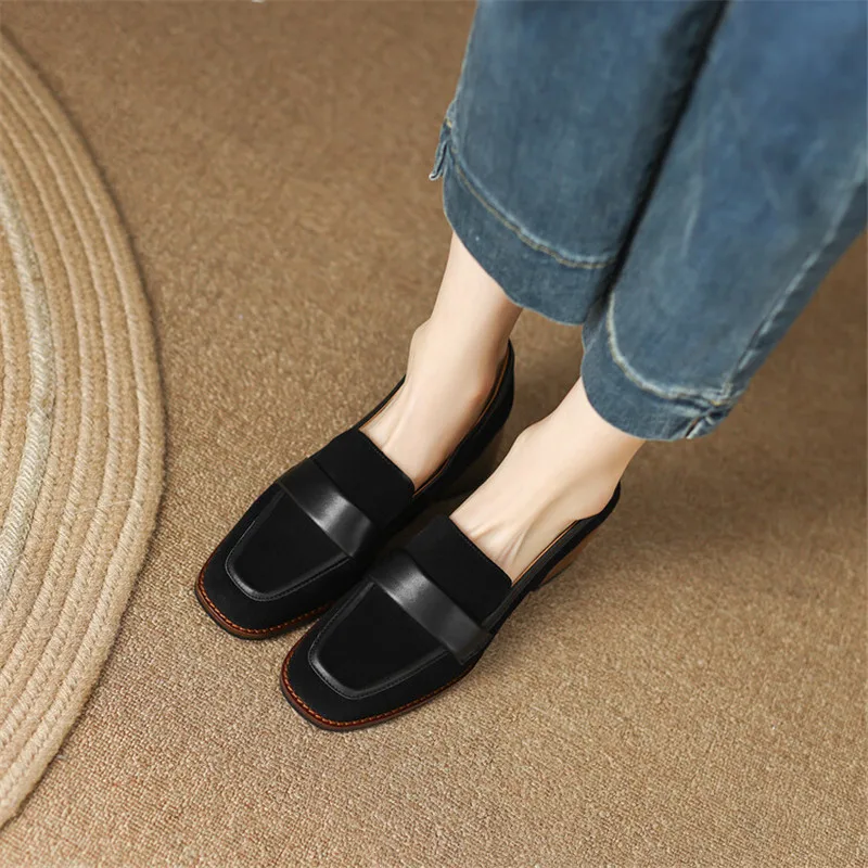 Spring Autumn New Women Pumps Sheep Suede Simple Loafers Casual Square Toe Shoes Woman Chunky Heel Shoes for Women Slip-On Shoes