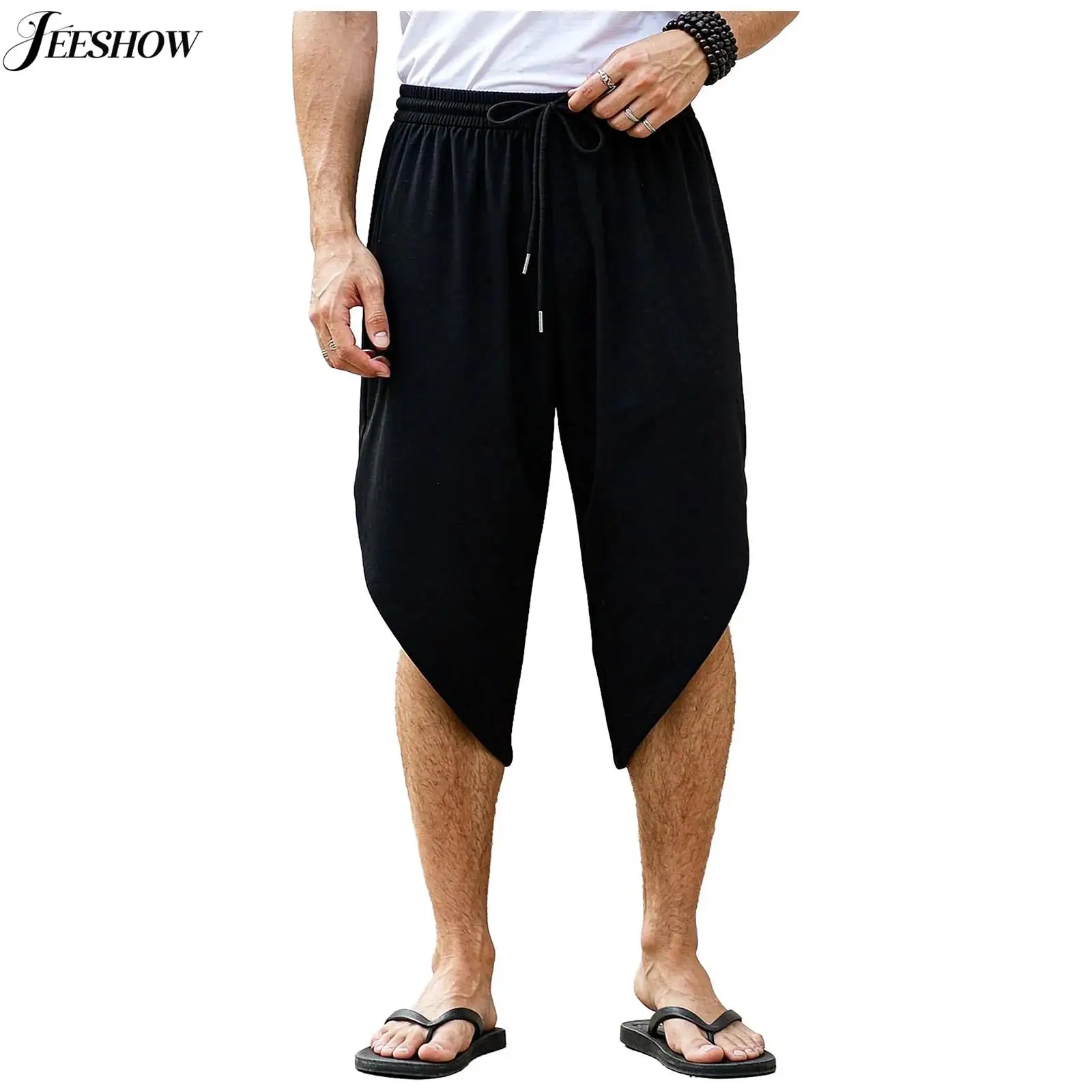 Mens Solid Color Side Split Shorts Drawstring Elastic Waistband Asymmetrical Loose Fit Shorts Casual Daily Wear Short Pants