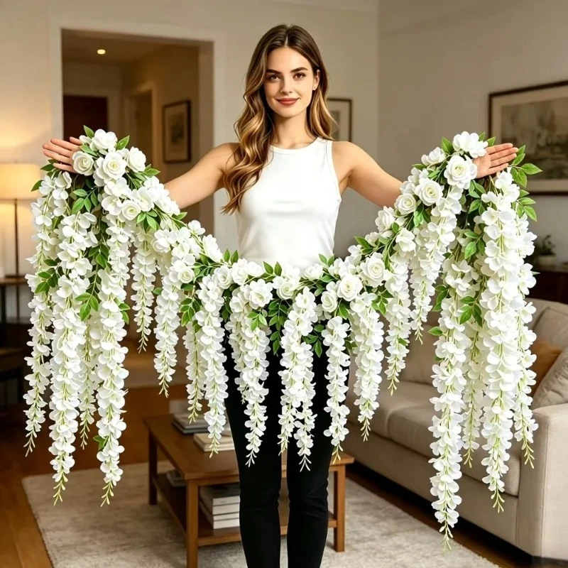 White Rose Vine Wall Hangings and Easy-to-hang White Orchid Flowers Sets Suitable for Various Settings for Homes Wedding