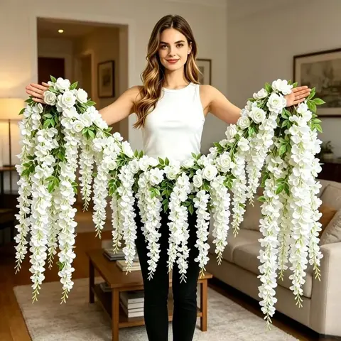 White Rose Vine Wall Hangings and Easy-to-hang White Orchid Flowers Sets Suitable for Various Settings for Homes Wedding