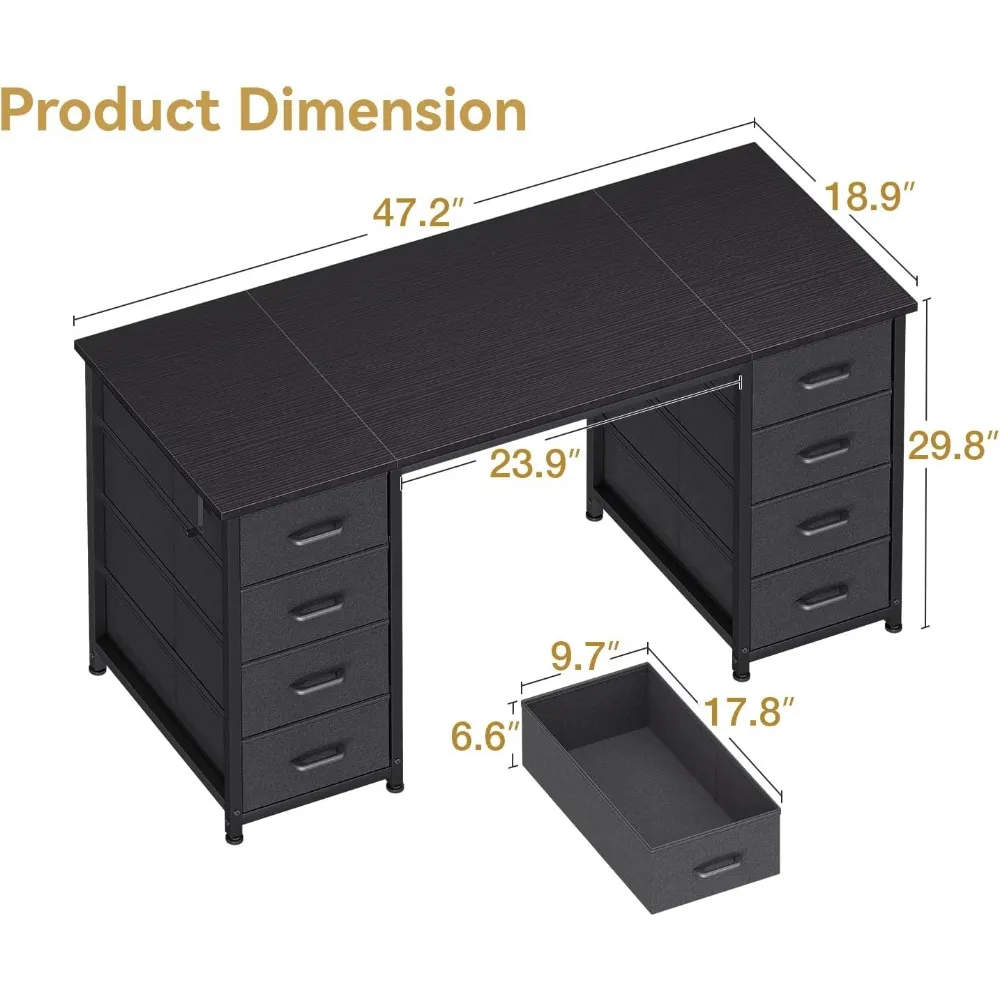 48 Inch Computer Desk with 8 Fabric Drawers, Modern Office Desk with Large Storage for Home Office, Study, Gaming