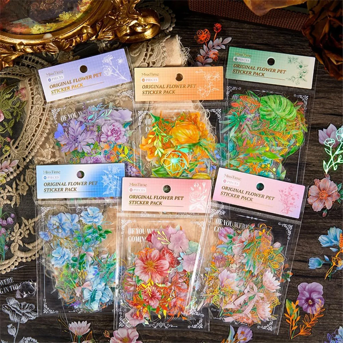 Holographic Gold Foil Nature Flowers Plants Stickers 240Pcs Waterproof Clear Glitter Botanical Floral Scrapbook Stickers