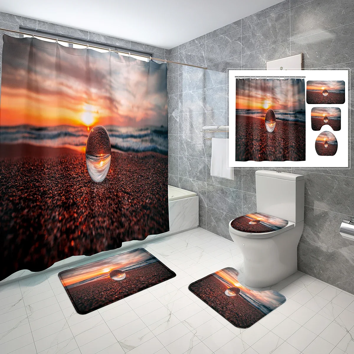 

4 Pcs Glass Ball Shower Curtain Set Reflection Beach Bathroom Non-Slip Bath Mat Waterproof Shower Curtain Toilet Cover Set