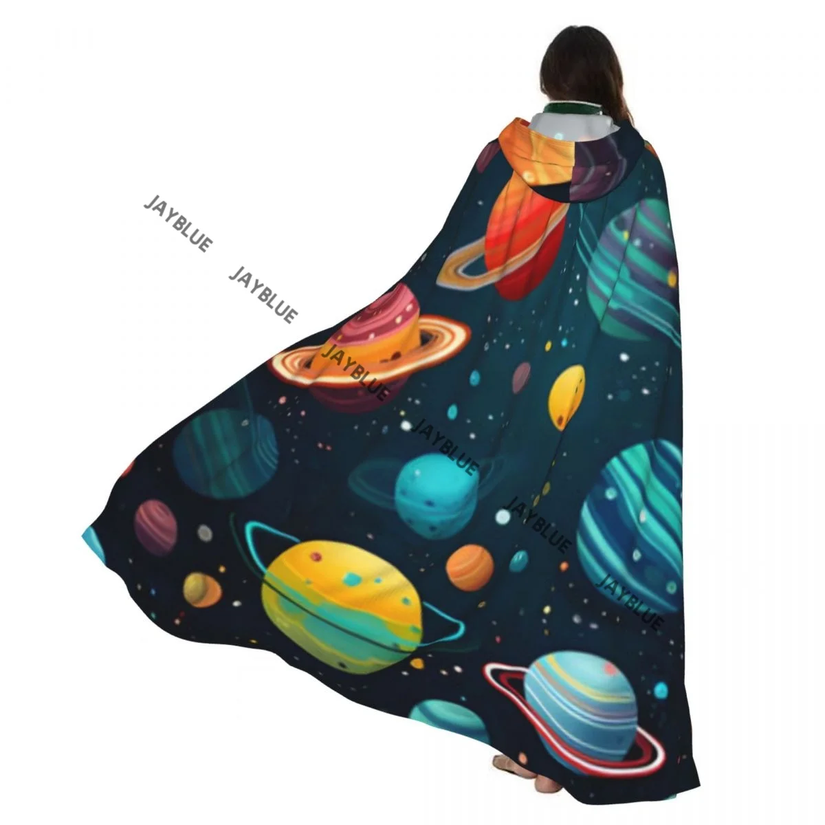 

Colorful Planets In Space And Stars Twinkling Hooded Cloak Polyester Unisex Witch Cape Costume Accessory
