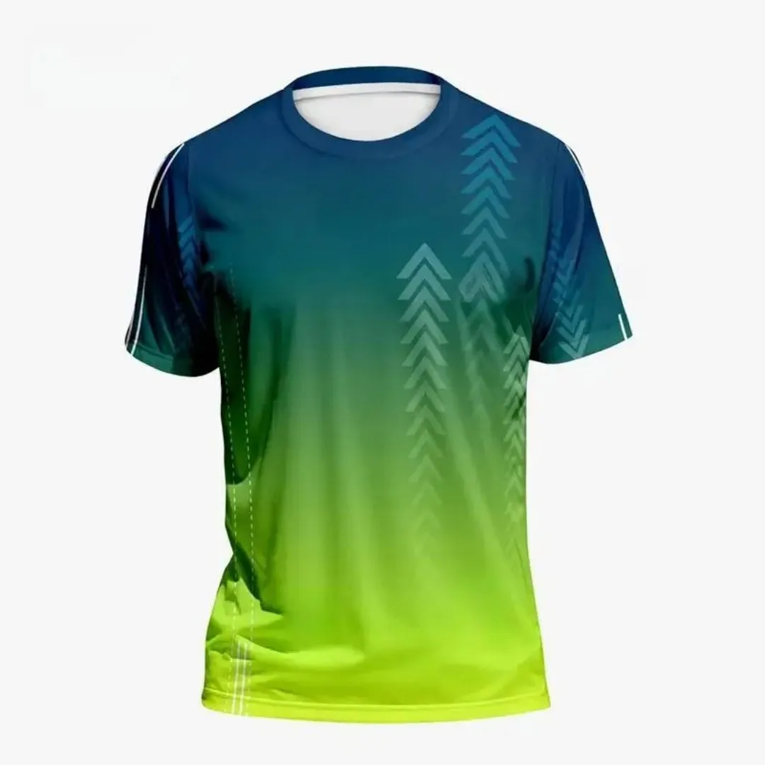 Hot Selling Men's Summer Badminton Training Gradient Print Comfortable and Breathable Round Neck T-Shirt Outdoor Sports Top