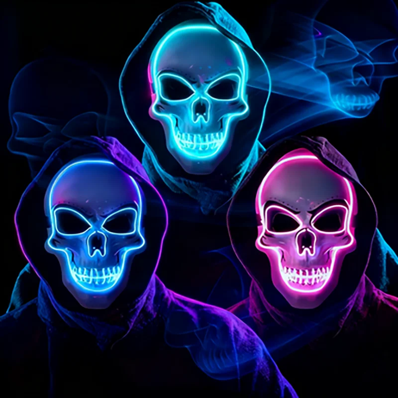 قناع جمجمة رعب الهالوين قناع الضوء البارد LED - مناسب للهالوين، يوم الموتى، عيد الفصح - قناع توهج الرعب للبالغين، القاعة