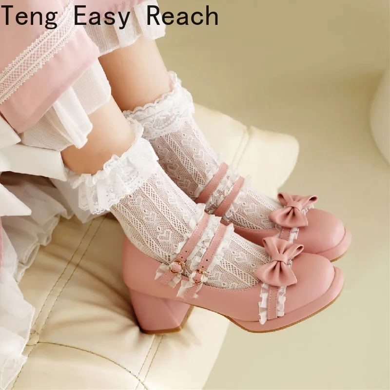 2024 Sweet Girl High Heels Mary Jane High Heels Fashion Party White Pink Black Lace Bow Princess Cosplay Lolita Shoes 33-43