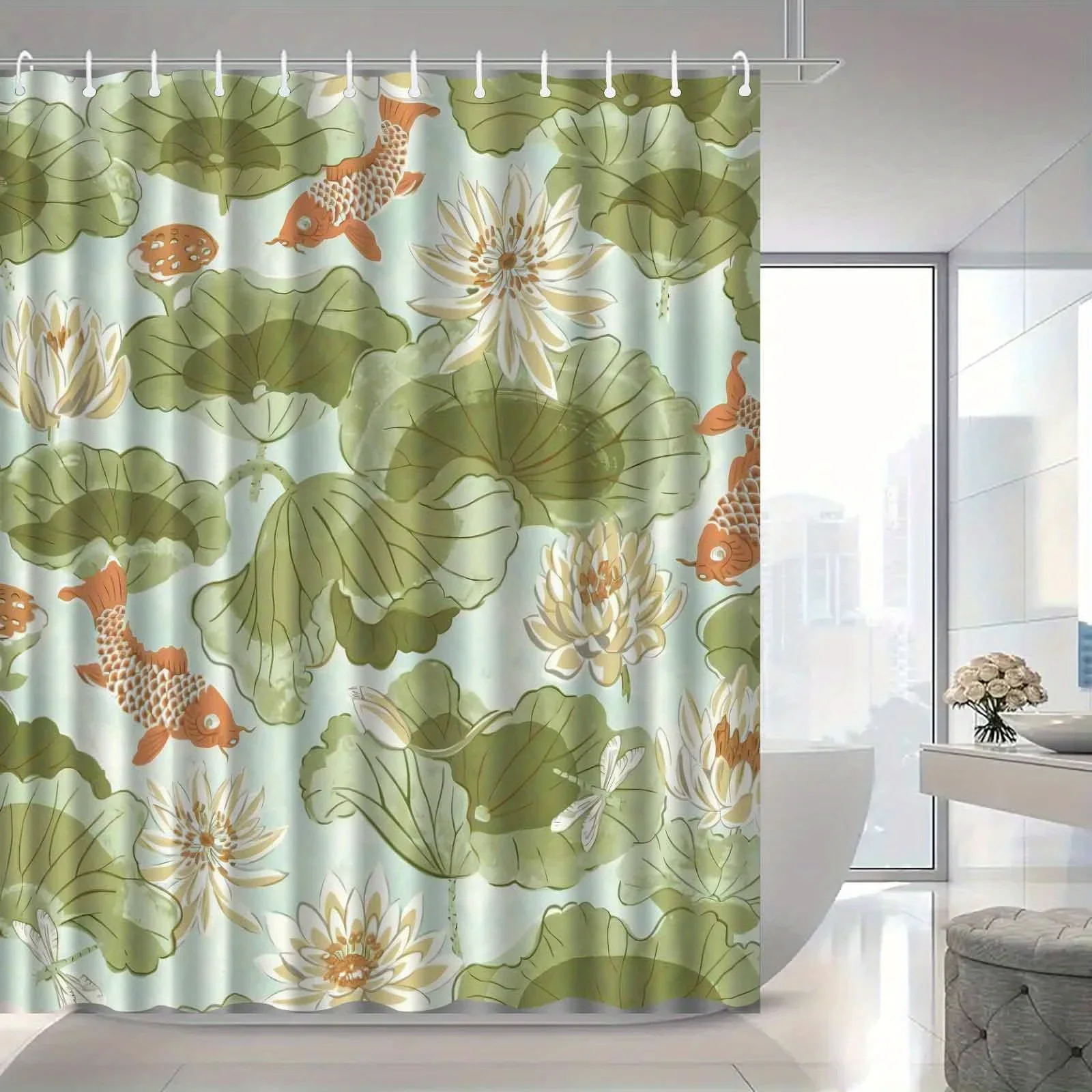 Tropical Lotus Pond Shower Curtain Bathroom Decor Green Leaves Koi Fish Pattern Waterproof Shower Curtain Liner