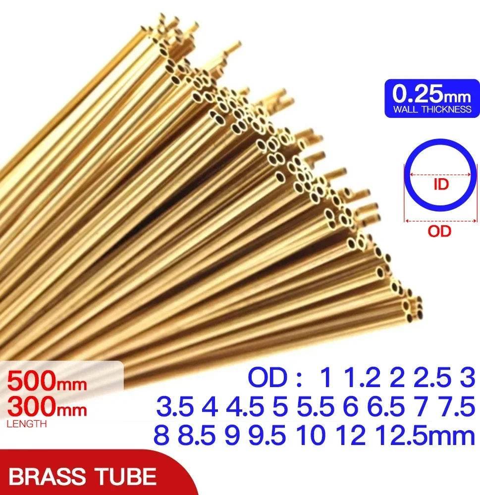 真ちゅう製パイプの厚さ0.25mm,厚さ1〜12.5mm,さまざまな直径300mm,長さ500mm