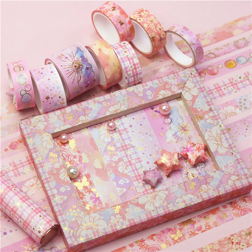 Imagem -04 - Conjunto Pink Gold Stamping Washi Tape Retro Series Decorative Tape Masking Tape Scrapbook Diary Stickers School Supplies Supply Pcs