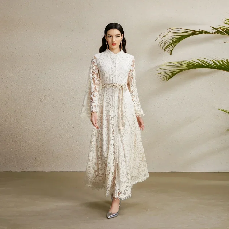 ZAMOR Heritage Lace Maxi Dress Women High Neck Flared Sleeves Button Front Botanical Eyelet Texture Refined Wedding Dinner
